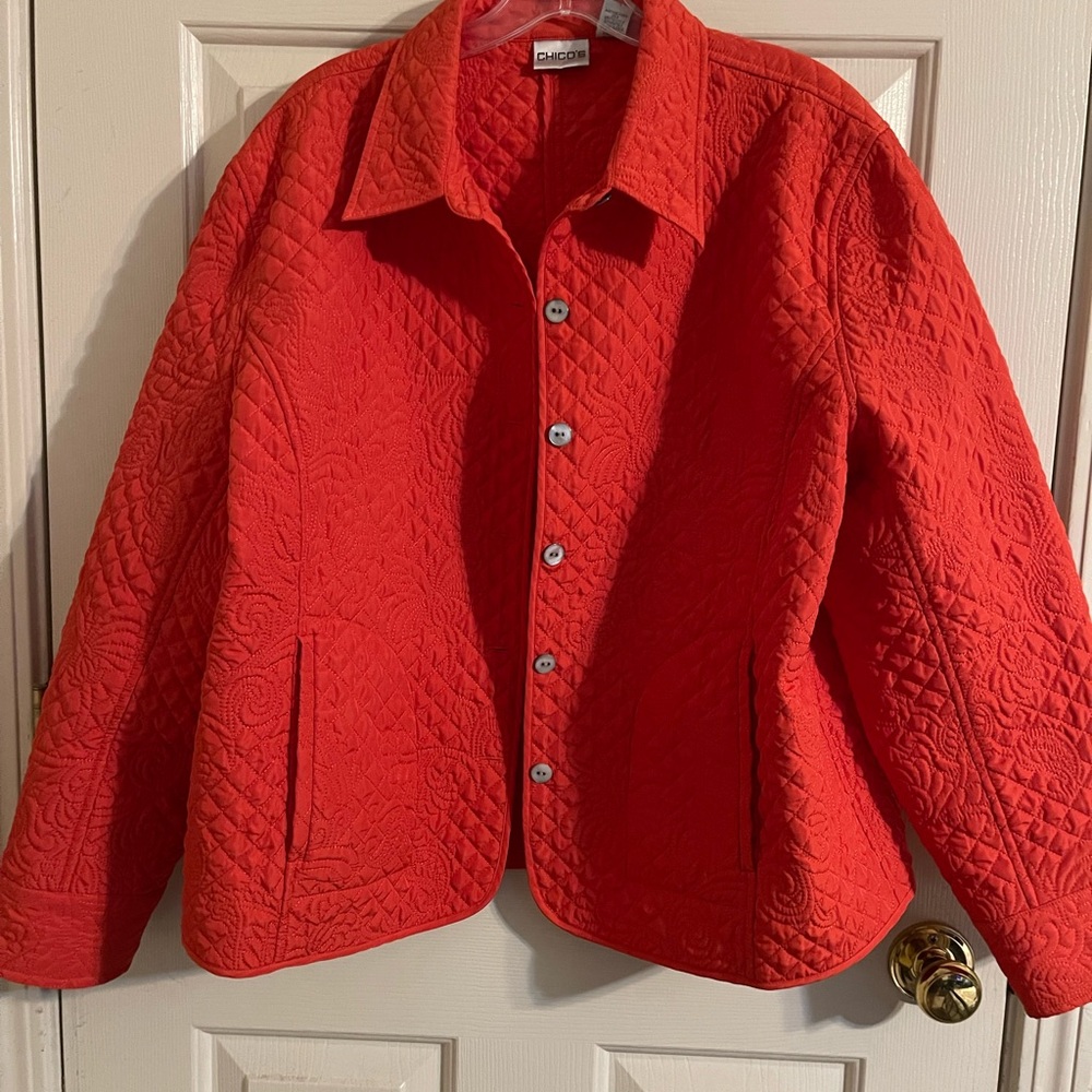 Chicos Quilted Embroidered Orange Jacket size XL Chico’s size 3